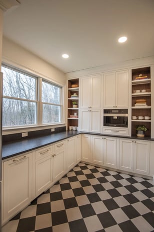 checkerboard tile floor with custom cabinetry in Lexington, MA