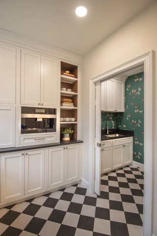 black-and-white checkerboard tile with custom cabinetry in Lexington, MA