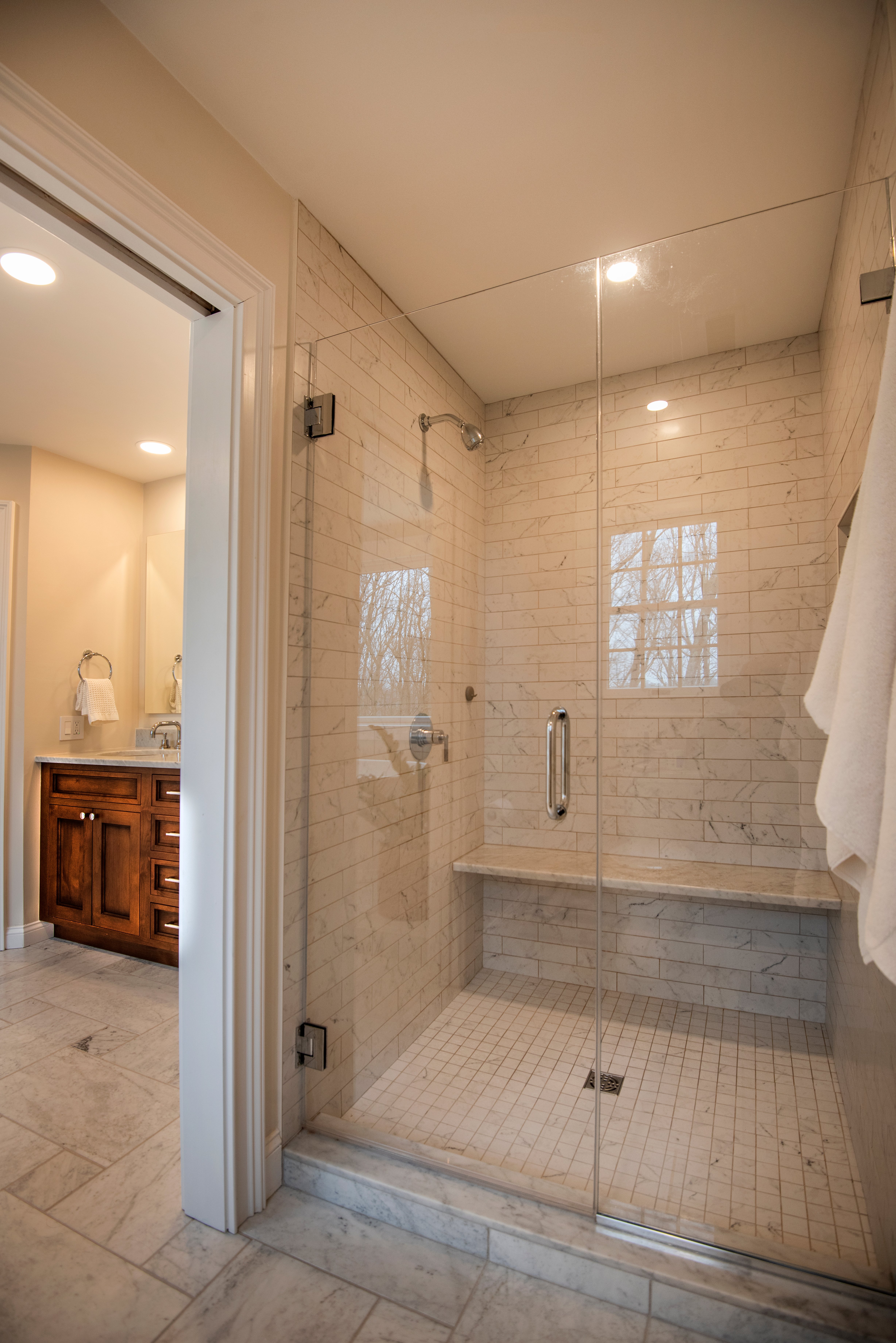 Glass Enclosed Shower with Custom Built-In Bench Primary Bath Remodel DBR