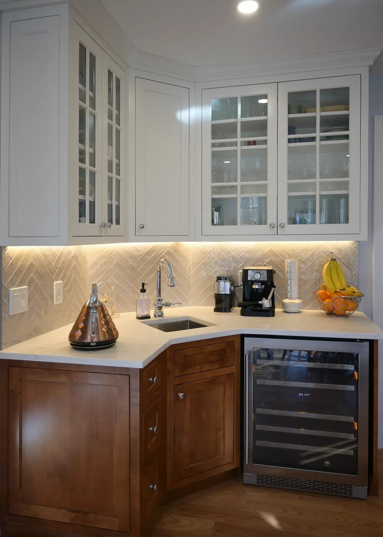 Corner view with built in wine fridge