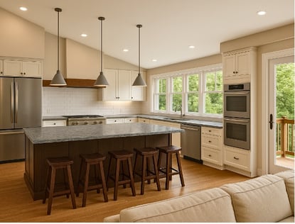 Kitchen with a large center island and chairs