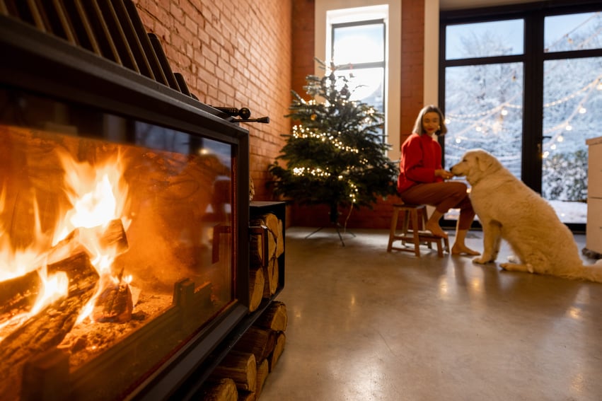 A custom-built family room during Christmas time with a fireplace and a woman and her dog sitting around it.