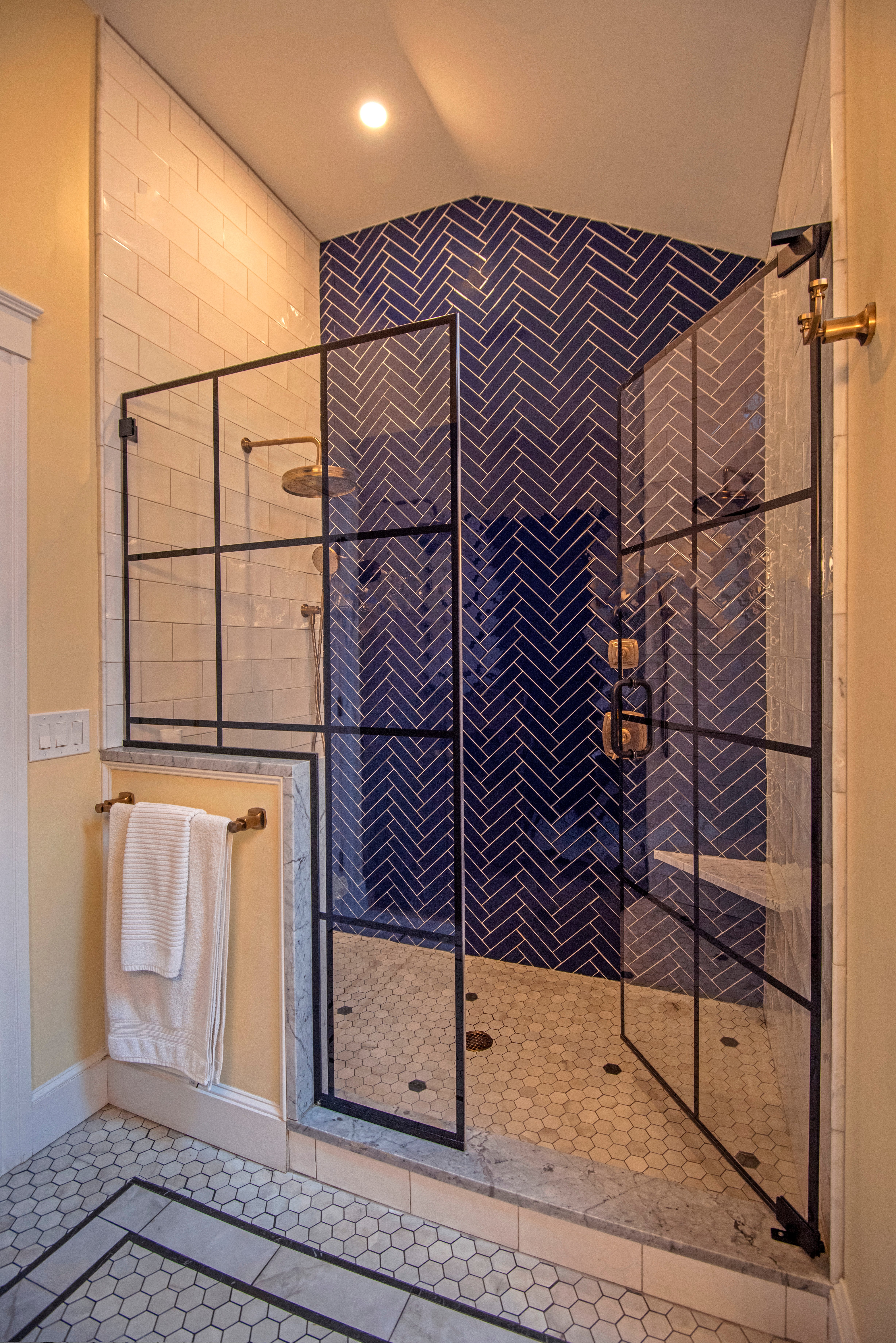 Walk-in Shower with Navy Herringbone & White Subway Tile Andover, MA DBR